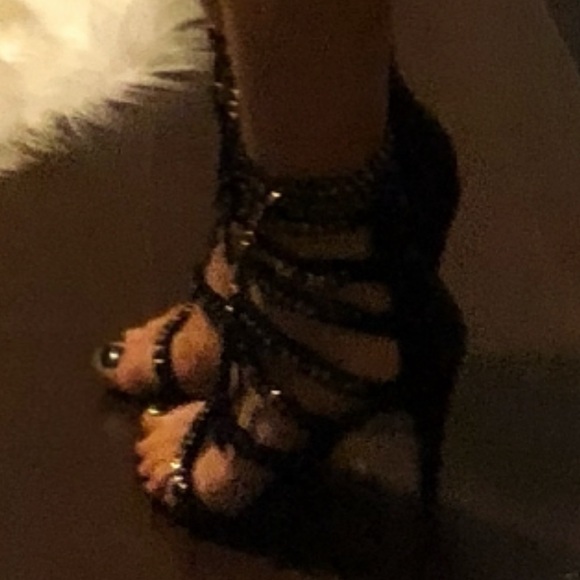 Black & Gold Chain Detail Lace Up Heels - Picture 8 of 8